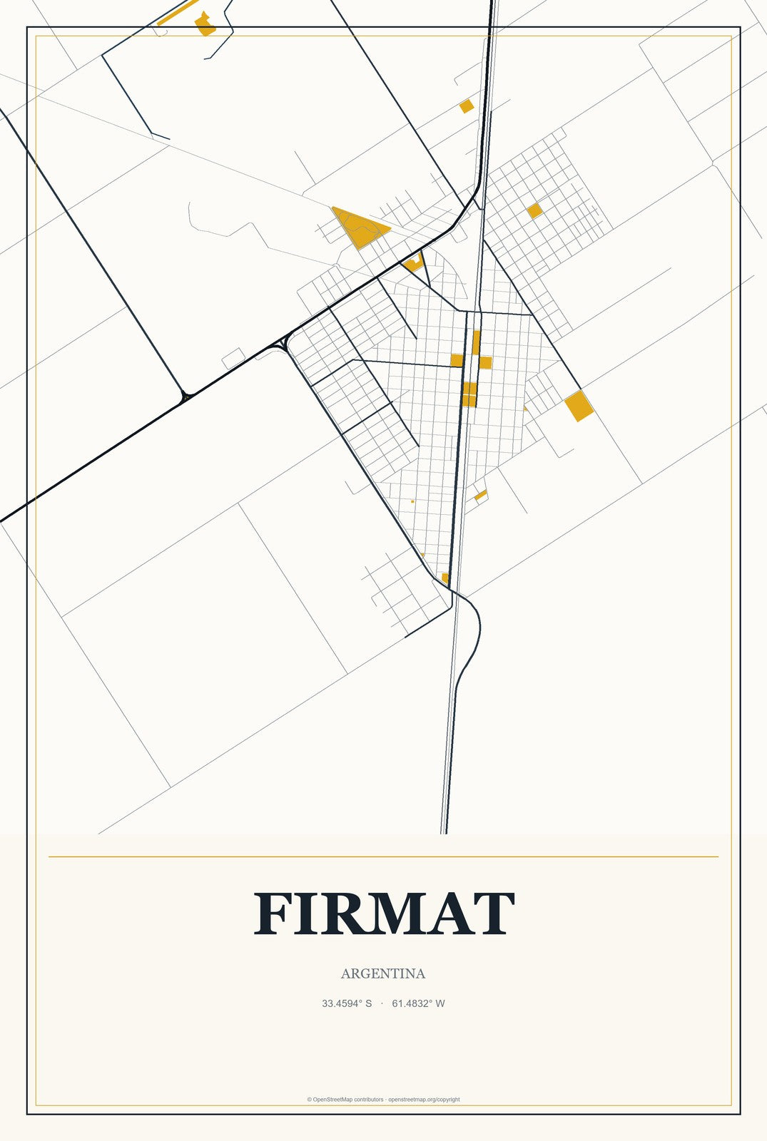 Firmat, Argentina City Map Aluminum Sign in Citrine Modern style