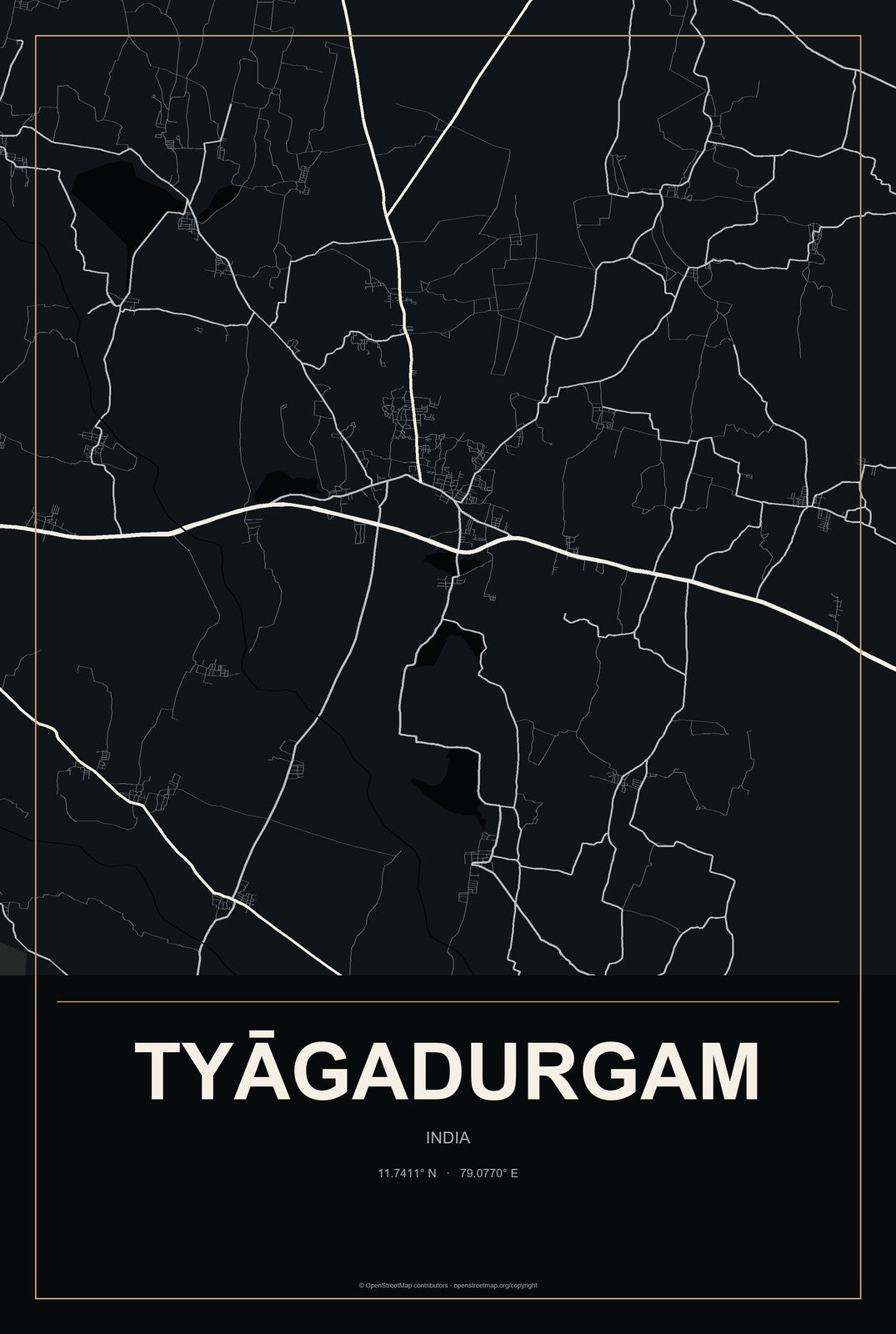 Tyāgadurgam, India City Map Aluminum Sign in Metropolitan Noir style