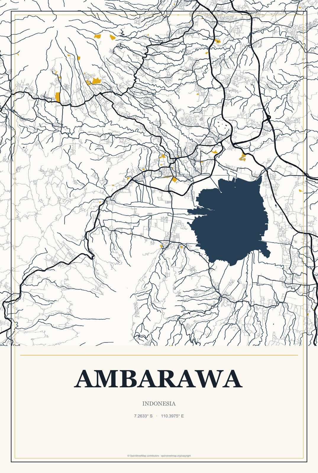 Ambarawa, Indonesia City Map Aluminum Sign in Citrine Modern style