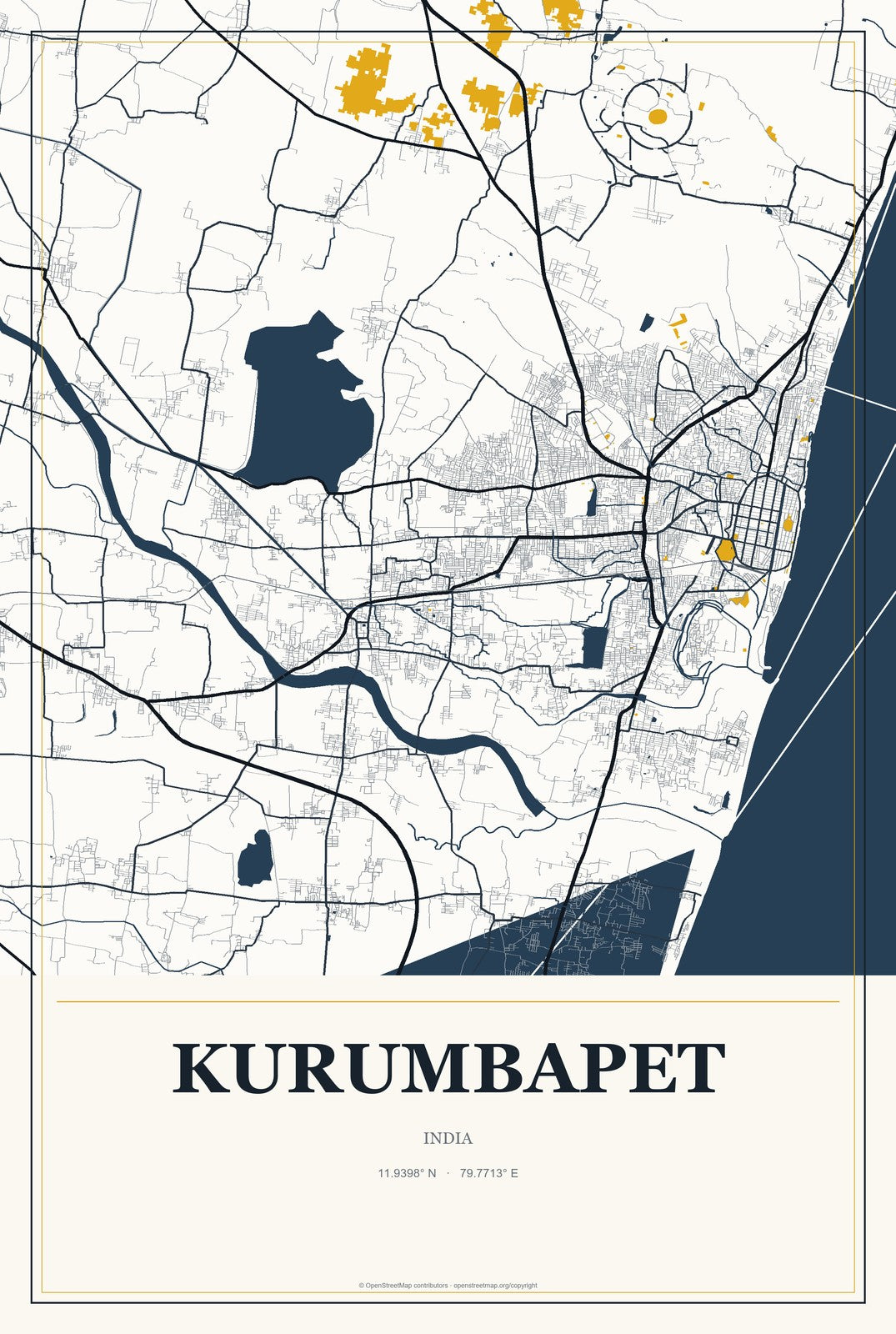 Kurumbapet, India City Map Aluminum Sign in Citrine Modern style