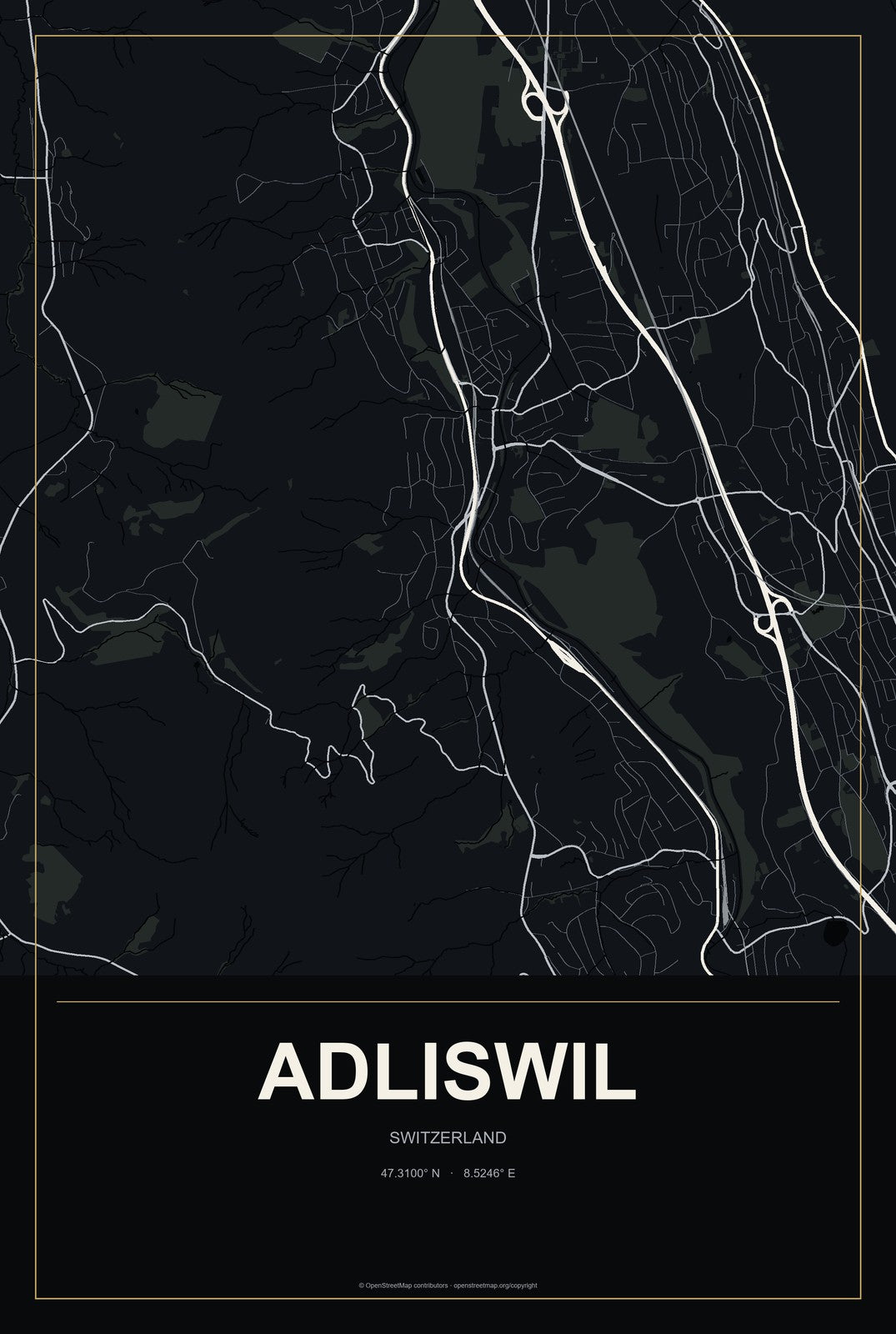 Adliswil, Switzerland City Map Aluminum Sign in Metropolitan Noir style