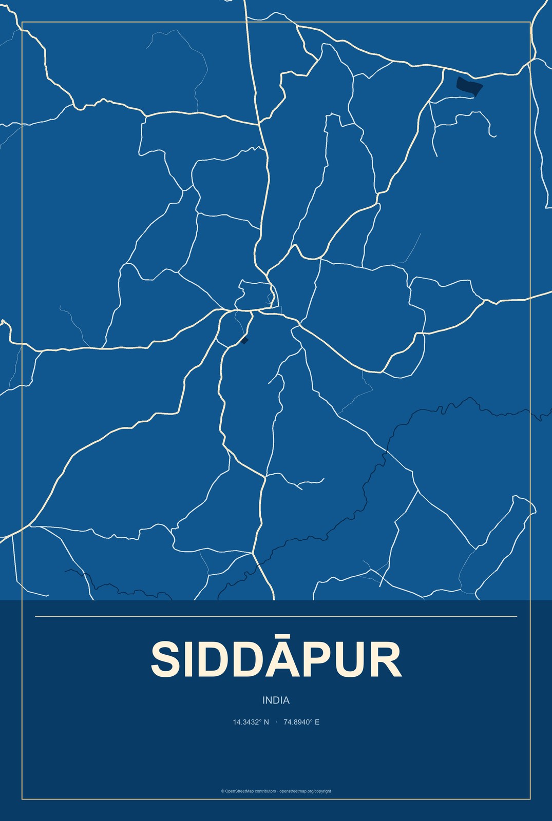 Siddāpur, India City Map Aluminum Sign in Harbor Cobalt style