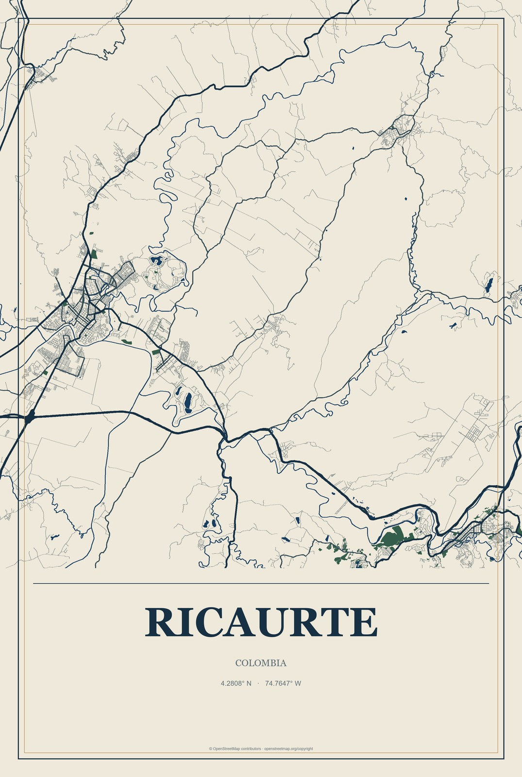 Ricaurte, Colombia City Map Aluminum Sign in Coastal Cutout style