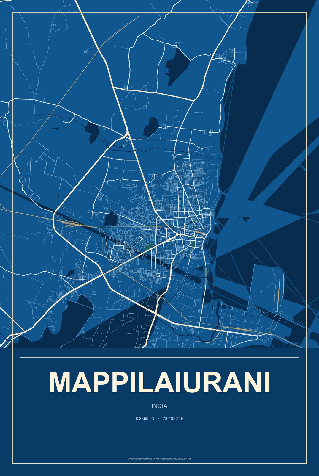 Mappilaiurani, India City Map Aluminum Sign in Harbor Cobalt style