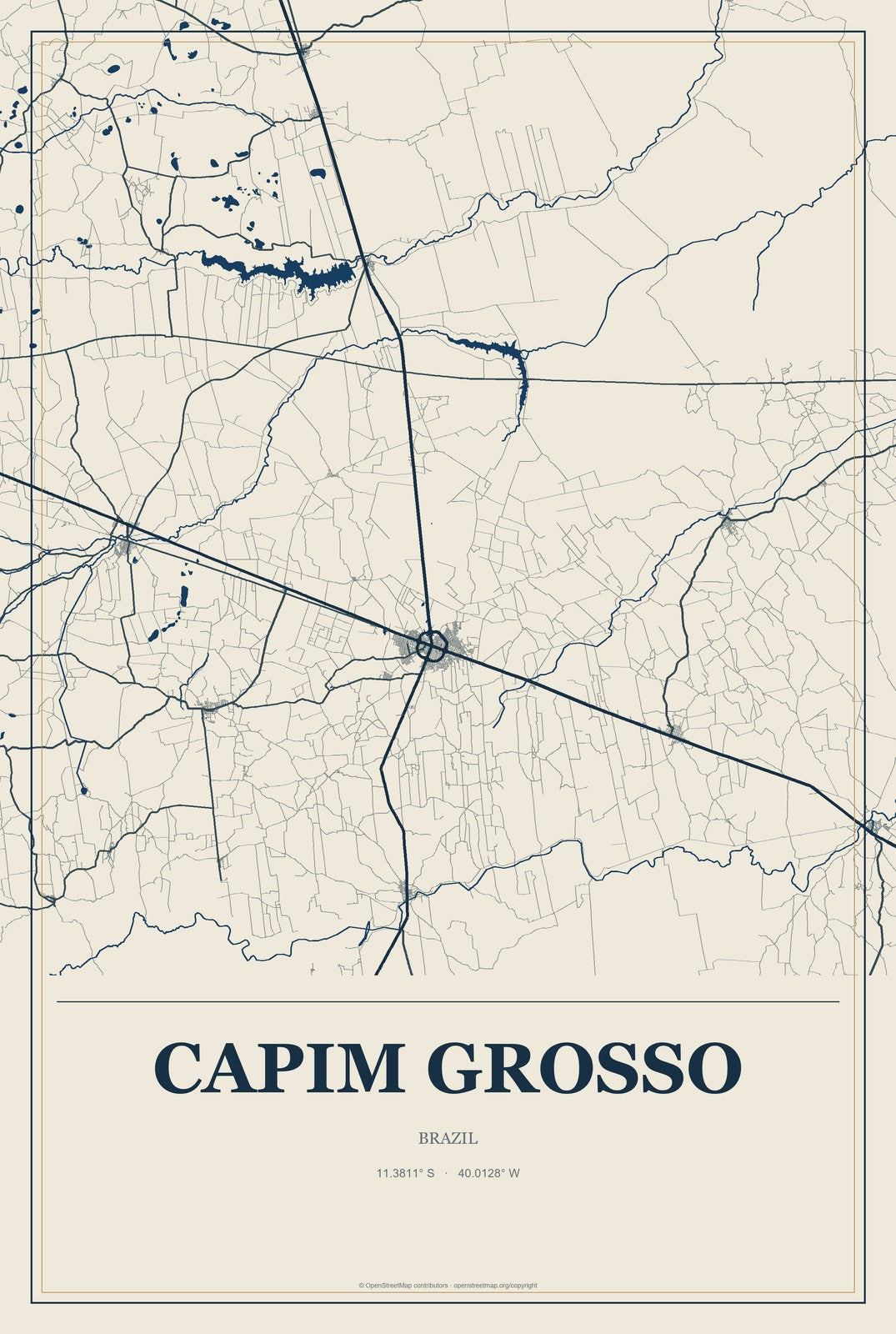 Capim Grosso, Brazil City Map Aluminum Sign in Coastal Cutout style