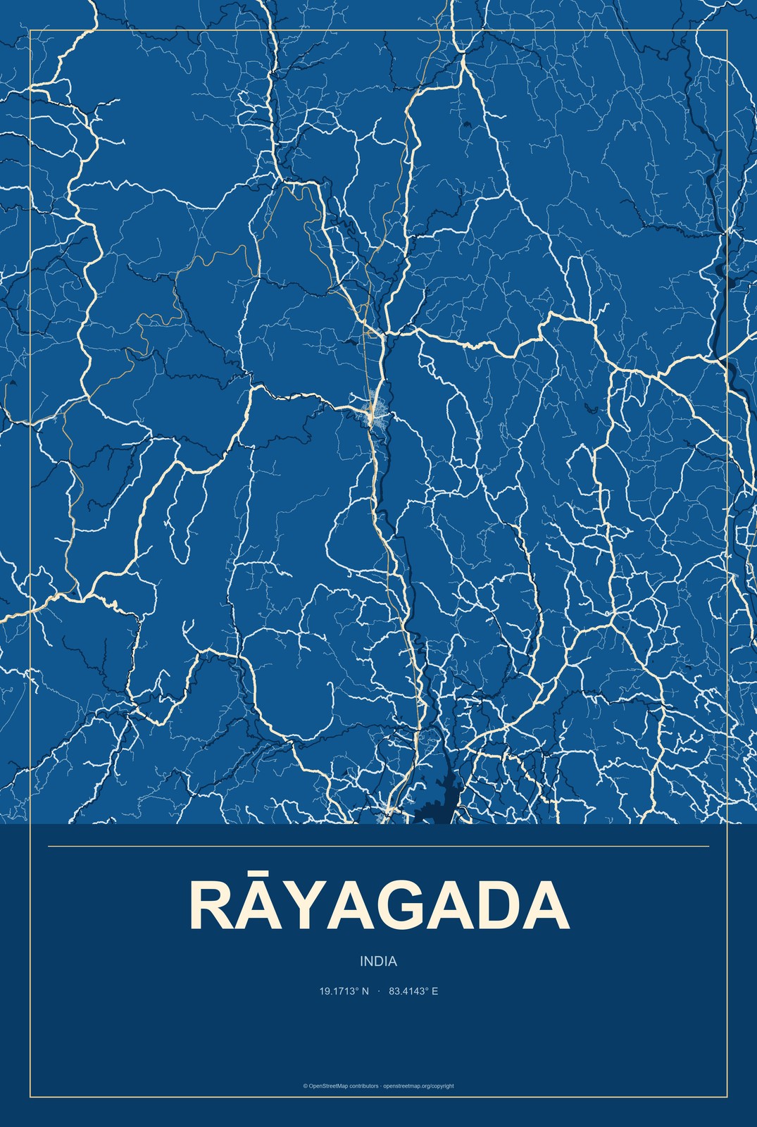 Rāyagada, India City Map Aluminum Sign in Harbor Cobalt style