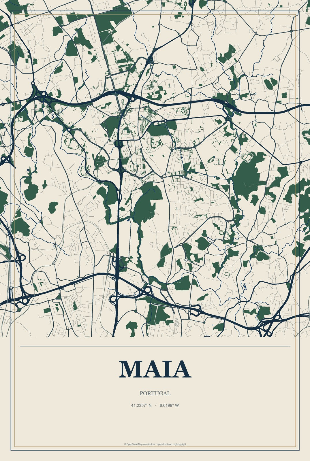 Maia, Portugal City Map Aluminum Sign in Coastal Cutout style
