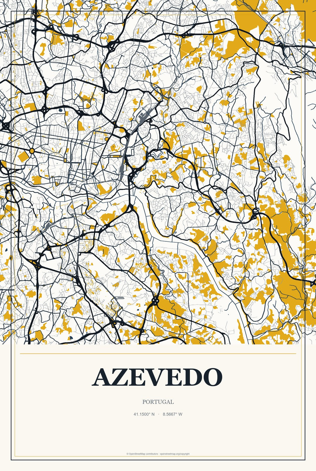 Azevedo, Portugal City Map Aluminum Sign in Citrine Modern style
