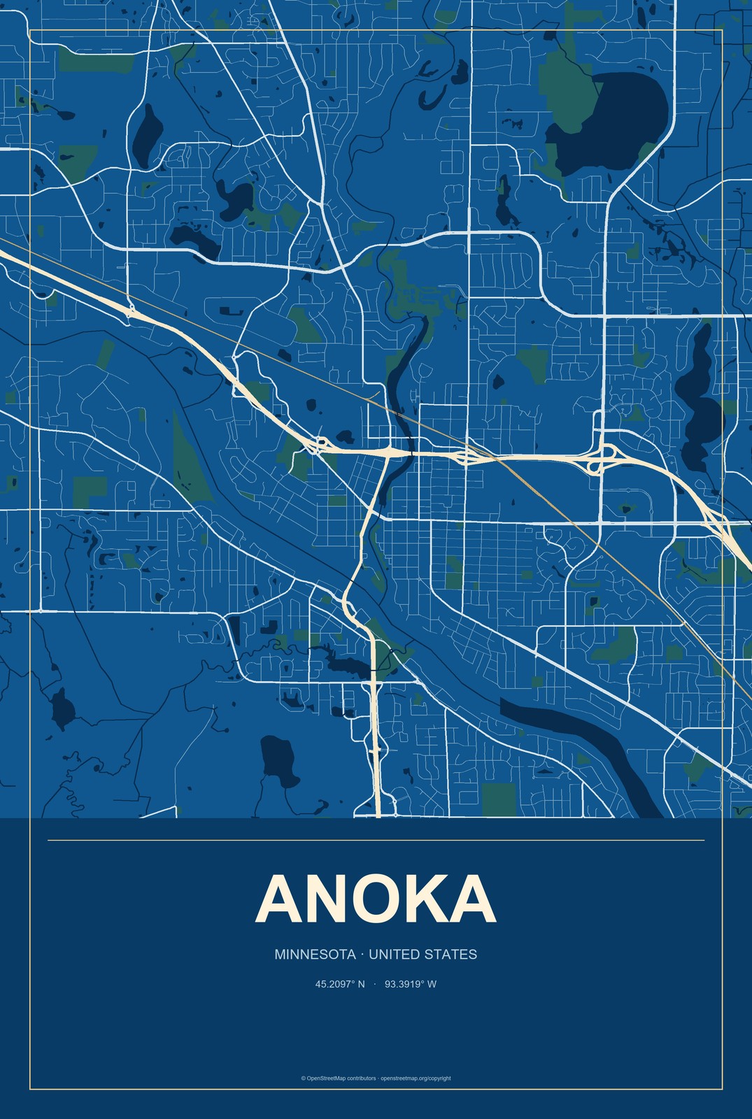 Anoka, Minnesota City Map Aluminum Sign in Harbor Cobalt style