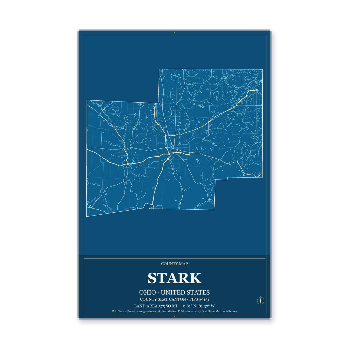 Stark County, Ohio Map Aluminum Sign in Harbor Cobalt style