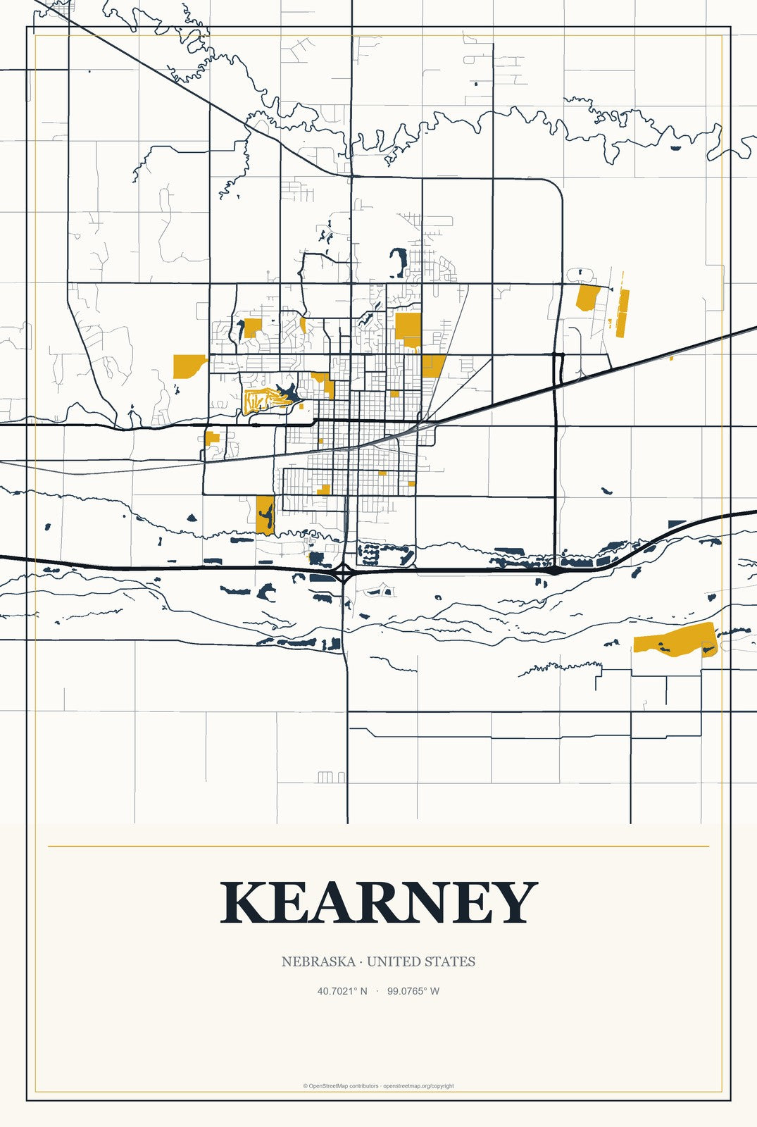 Kearney, Nebraska City Map Aluminum Sign in Citrine Modern style