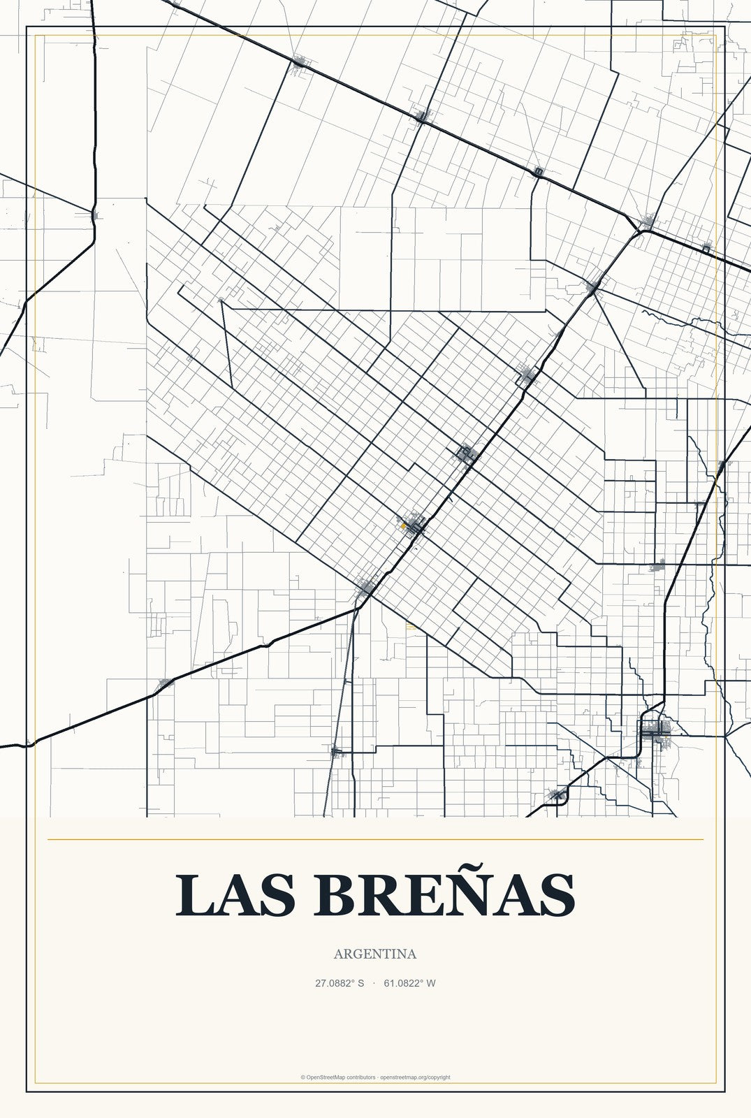 Las Breñas, Argentina City Map Aluminum Sign in Citrine Modern style