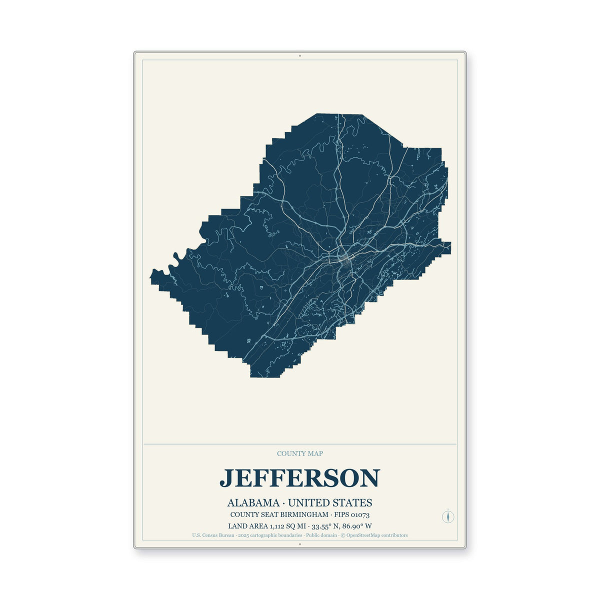 Jefferson County, Alabama Map Aluminum Sign in Coastal Cutout style
