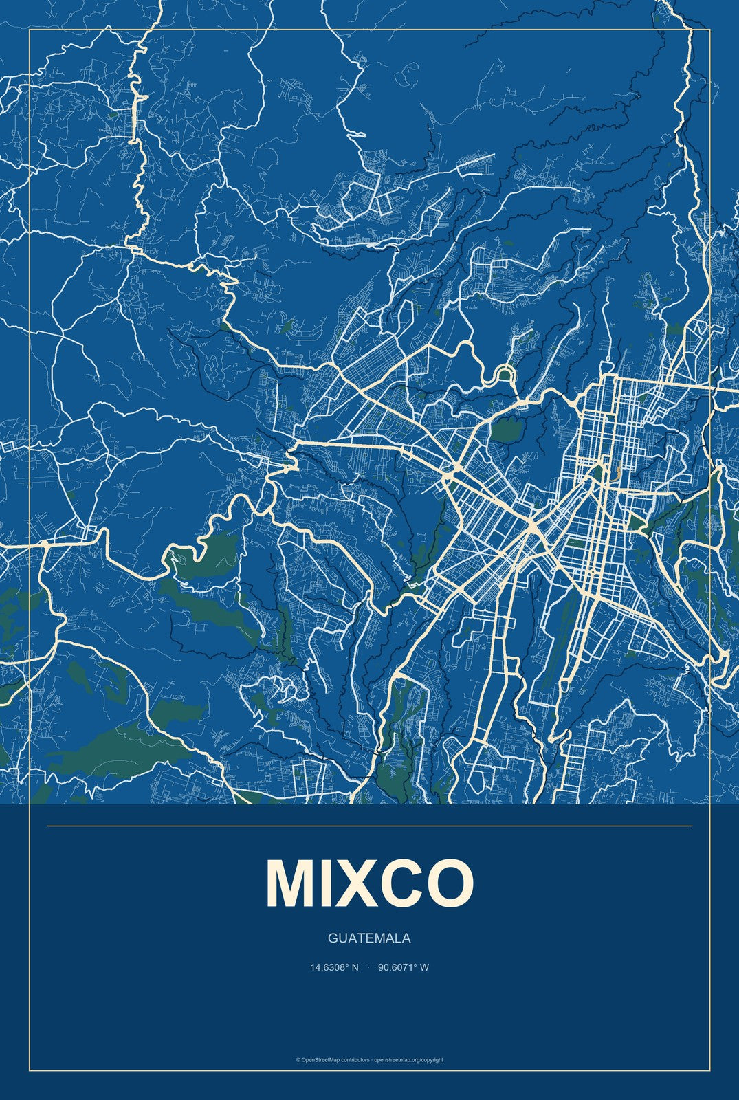 Mixco, Guatemala City Map Aluminum Sign in Harbor Cobalt style