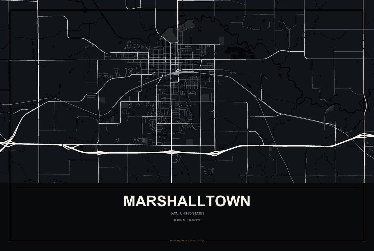 Marshalltown, Iowa City Map Aluminum Sign in Metropolitan Noir style