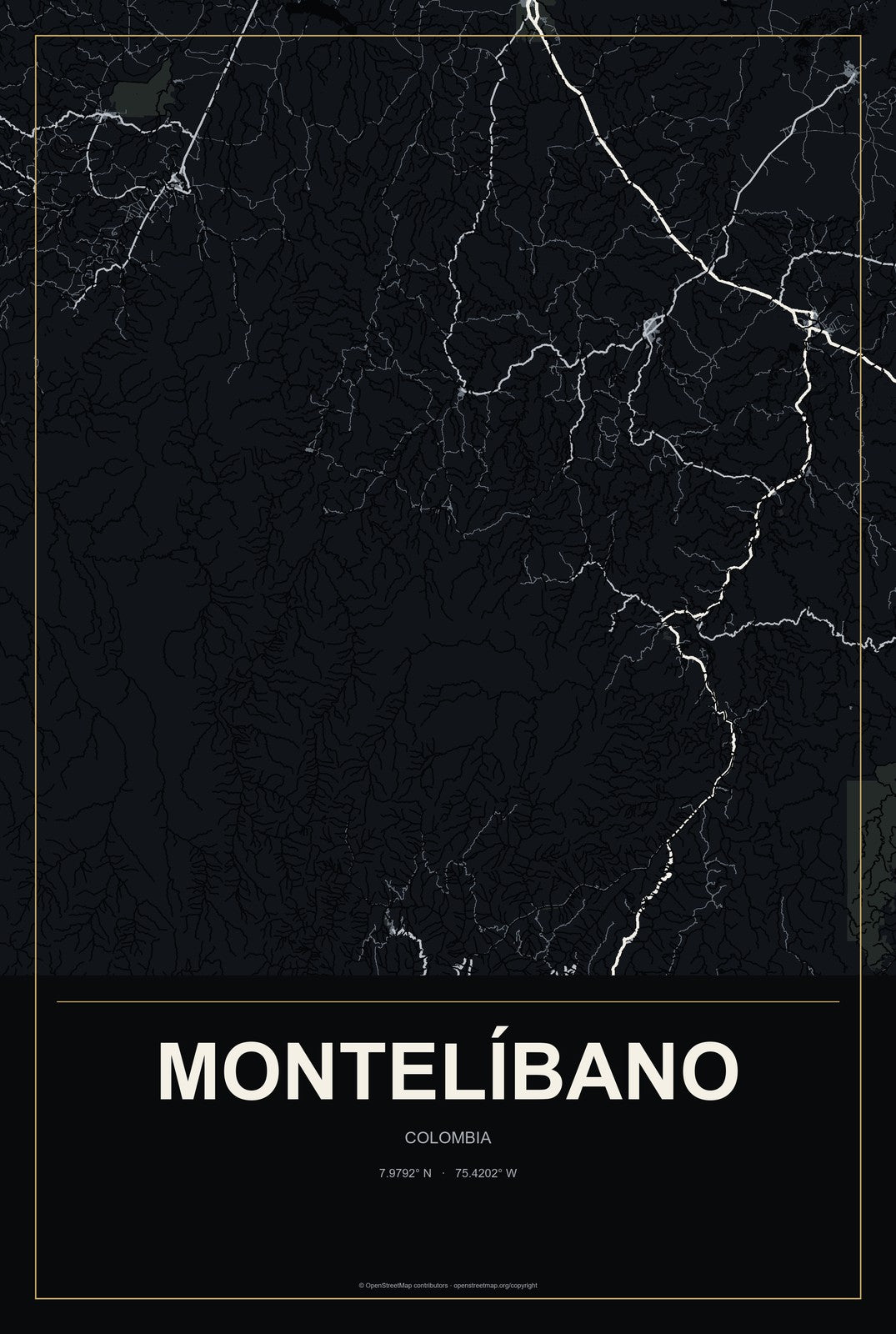 Montelíbano, Colombia City Map Aluminum Sign in Metropolitan Noir style