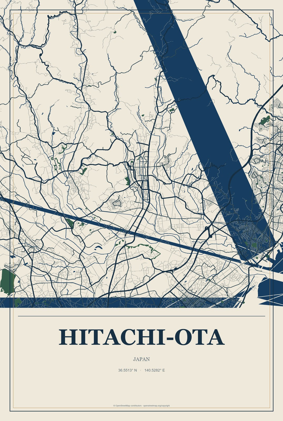 Hitachi-ota, Japan City Map Aluminum Sign in Coastal Cutout style