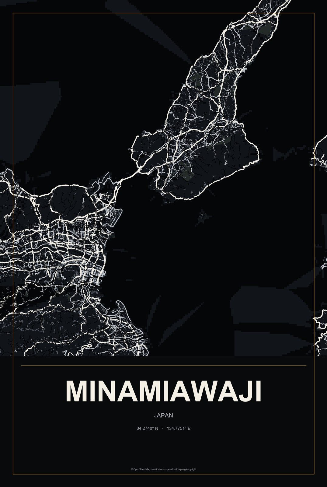 Minamiawaji, Japan City Map Aluminum Sign in Metropolitan Noir style