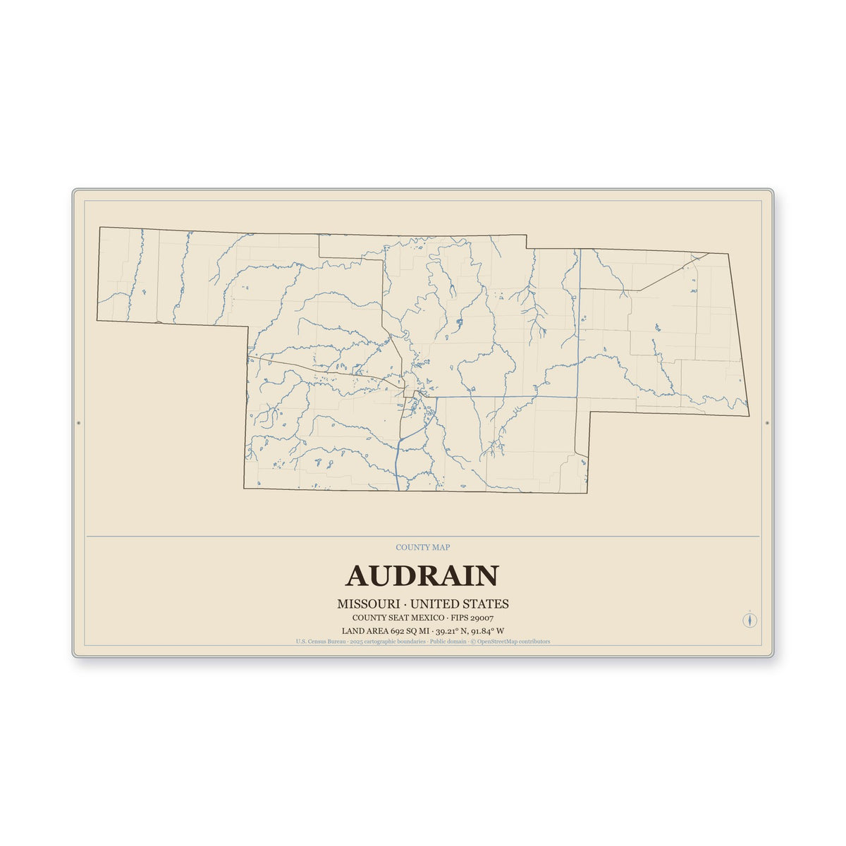 Audrain County, Missouri Map Aluminum Sign in Heritage Nautical style