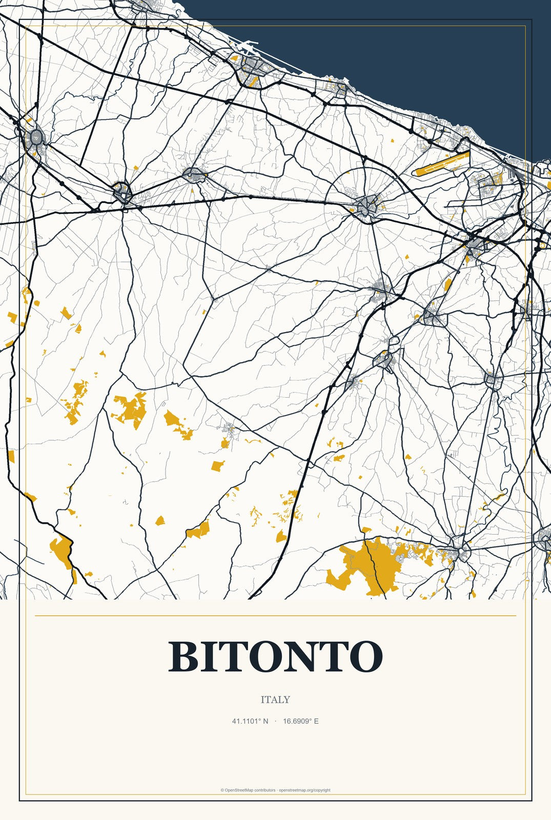 Bitonto, Italy City Map Aluminum Sign in Citrine Modern style