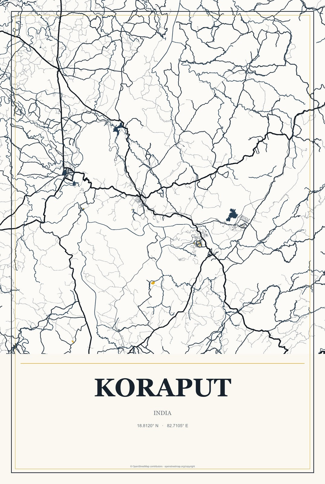 Koraput, India City Map Aluminum Sign in Citrine Modern style