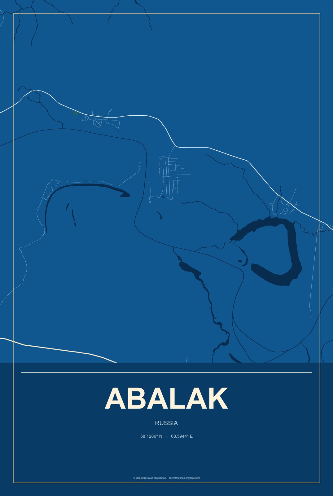 Abalak, Russia City Map Aluminum Sign in Harbor Cobalt style