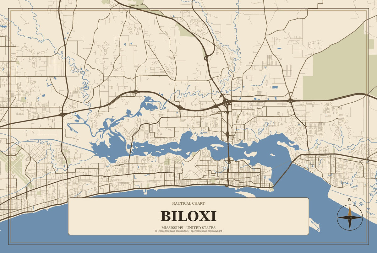 Biloxi, Mississippi City Map Aluminum Sign in Heritage Nautical style