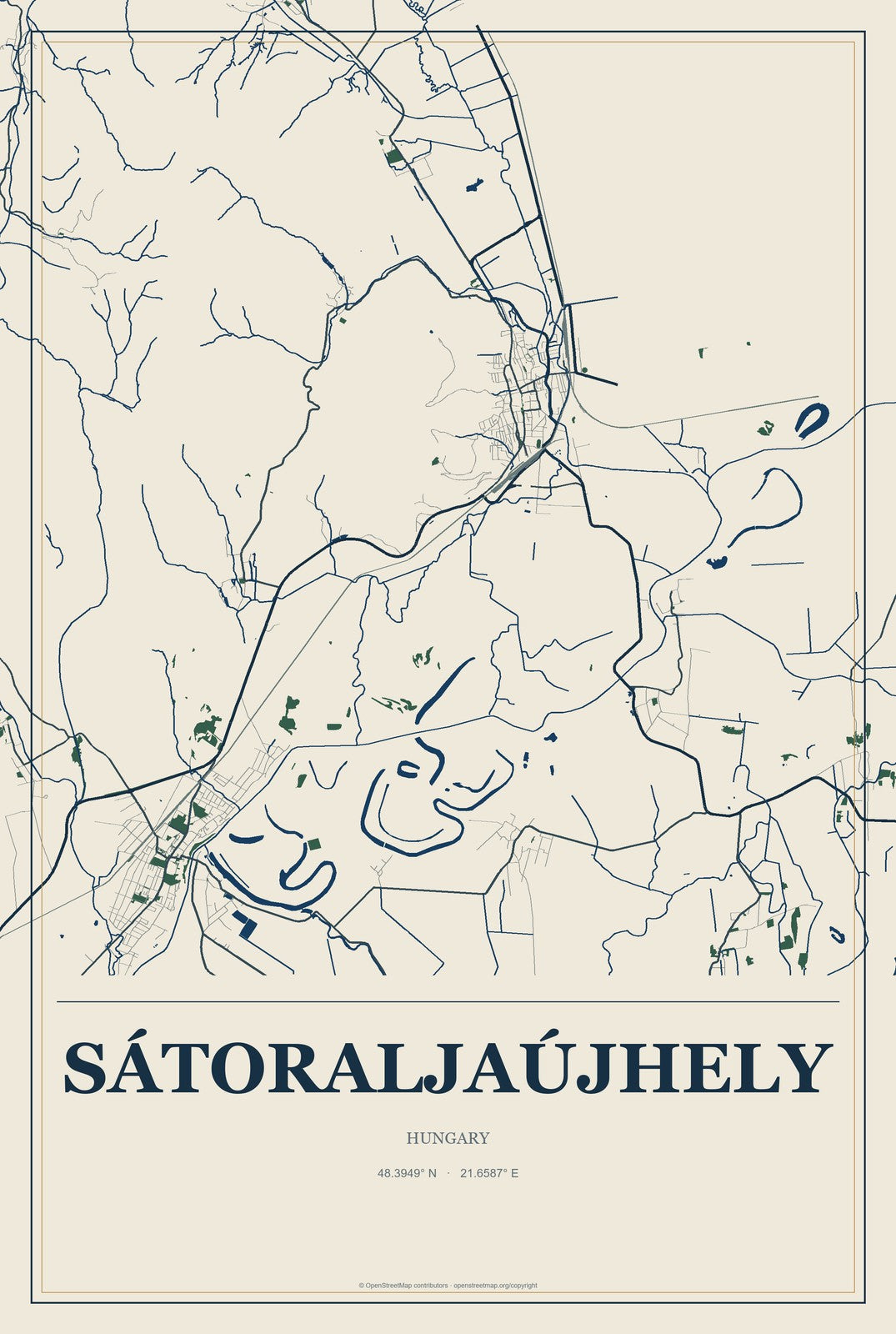 Sátoraljaújhely, Hungary City Map Aluminum Sign in Coastal Cutout style