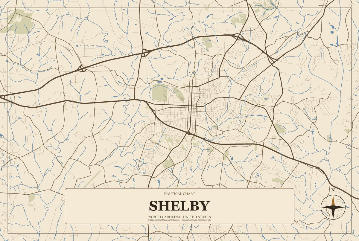 Shelby, North Carolina City Map Aluminum Sign in Heritage Nautical style