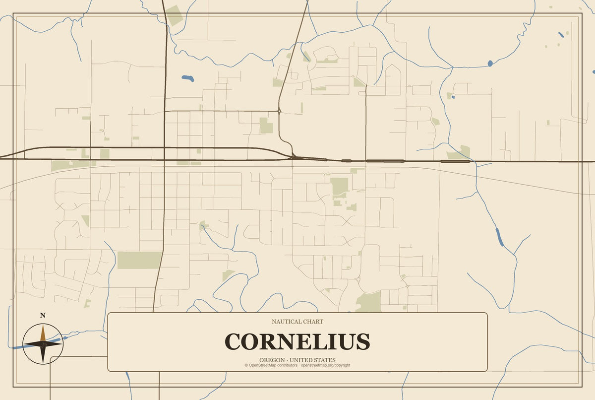 Cornelius, Oregon City Map Aluminum Sign in Heritage Nautical style