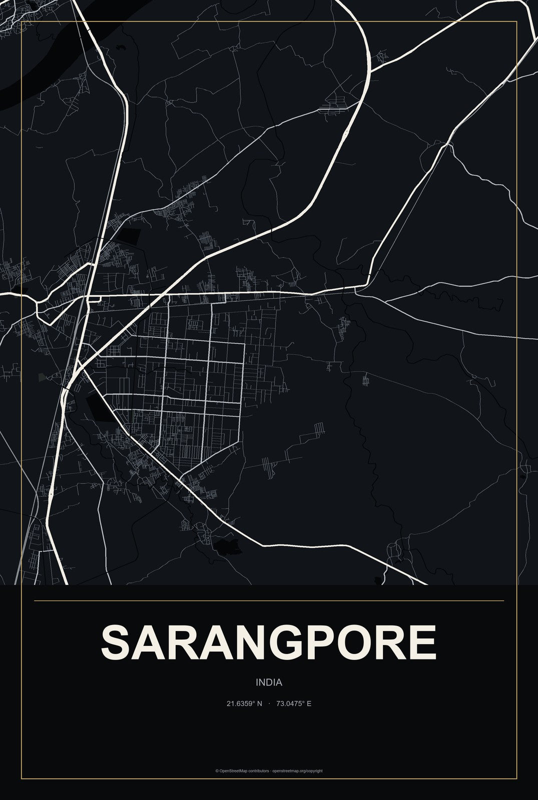 Sarangpore, India City Map Aluminum Sign in Metropolitan Noir style