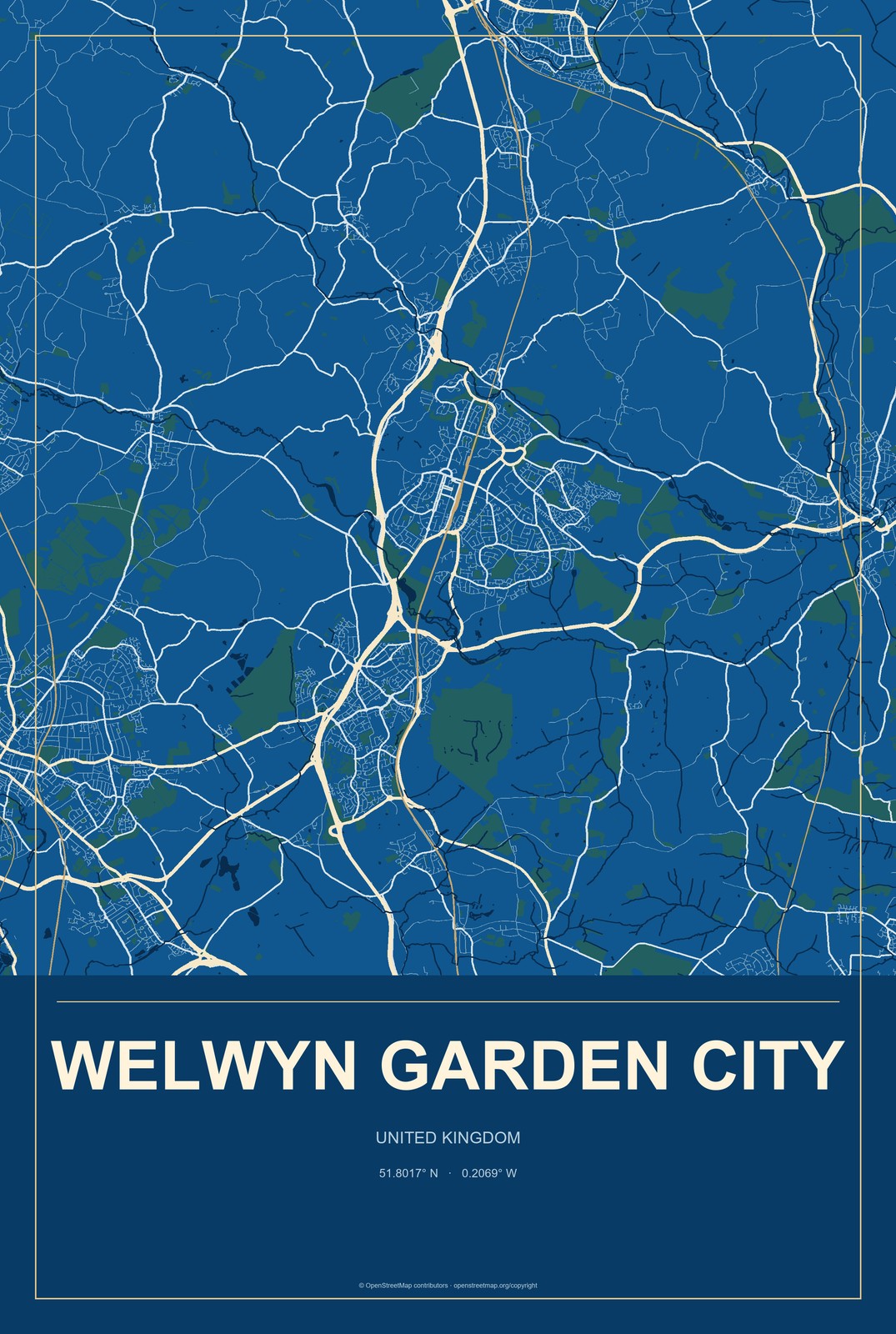 Welwyn Garden City, United Kingdom City Map Aluminum Sign in Harbor Cobalt style