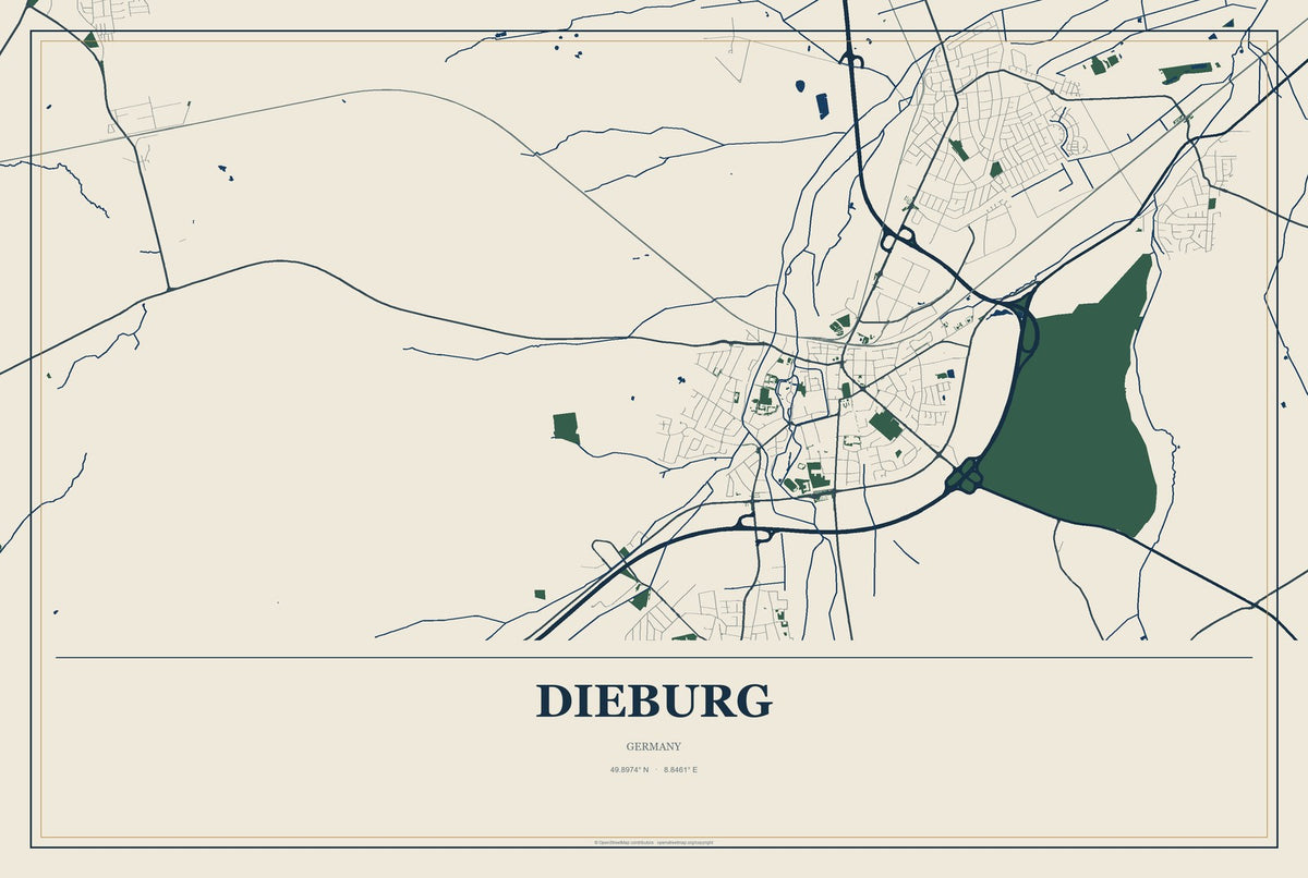 Dieburg, Germany City Map Aluminum Sign in Coastal Cutout style