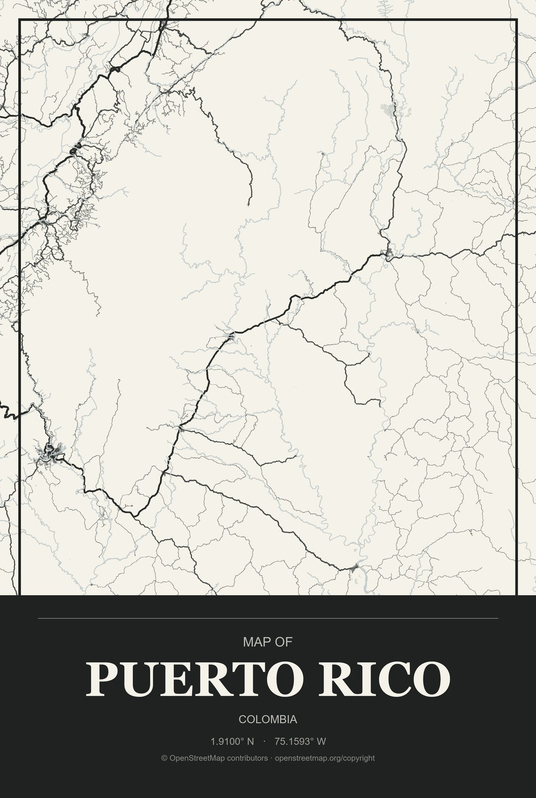 Puerto Rico, Colombia City Map Aluminum Sign in Museum Plaque style
