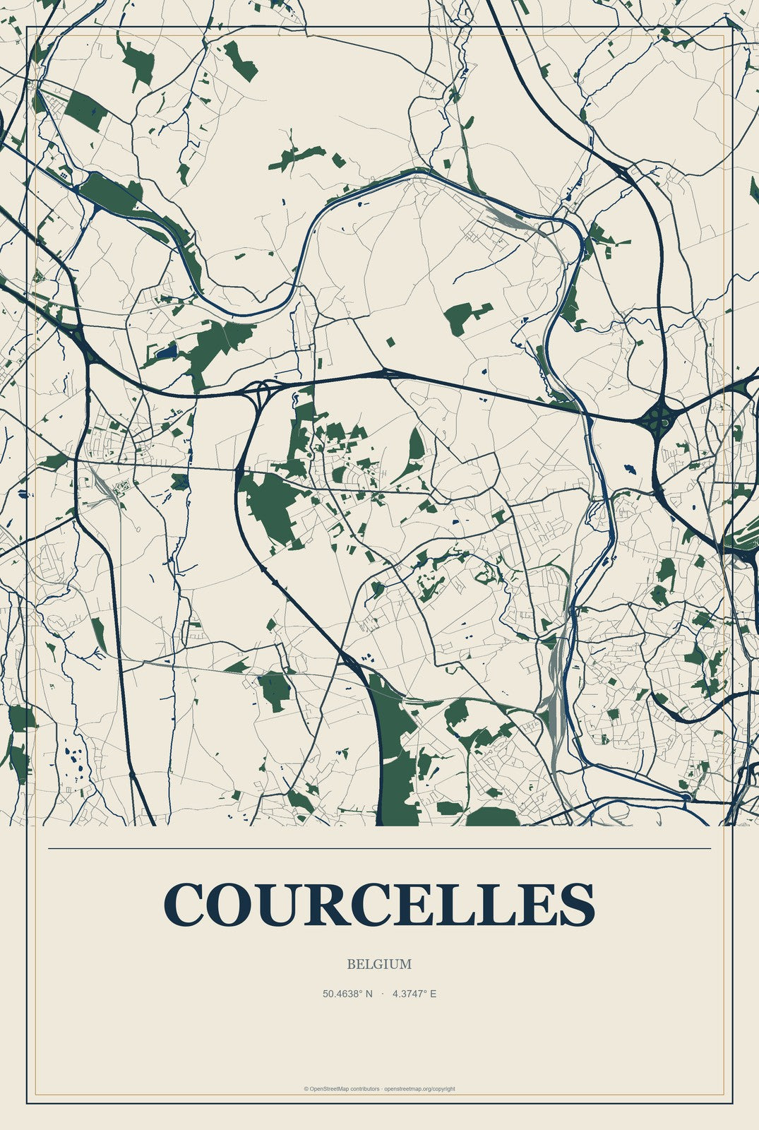 Courcelles, Belgium City Map Aluminum Sign in Coastal Cutout style
