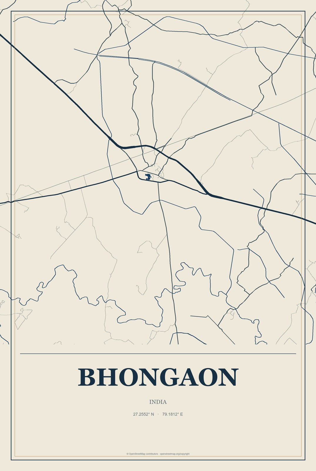 Bhongaon, India City Map Aluminum Sign in Coastal Cutout style