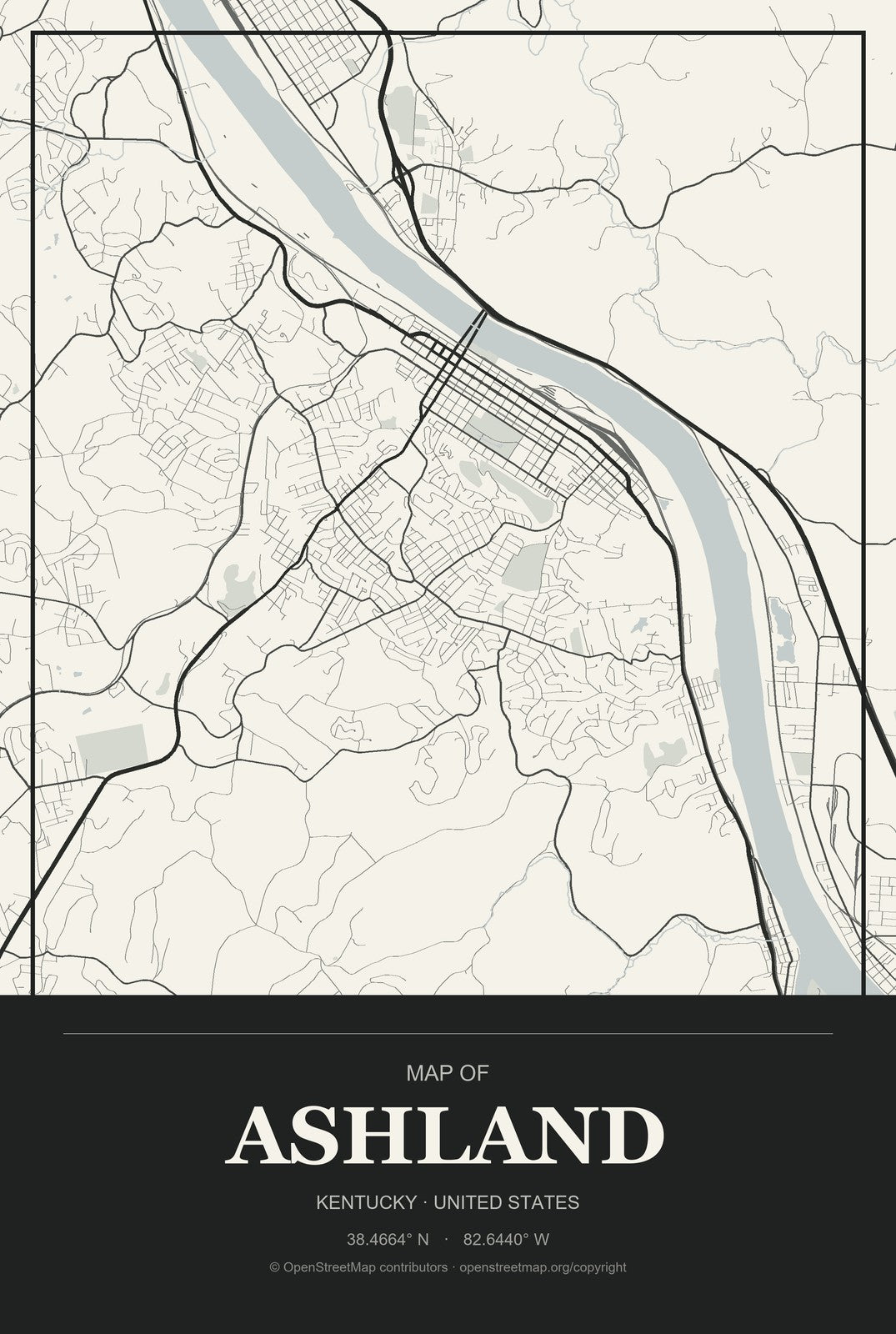 Ashland, Kentucky City Map Aluminum Sign in Museum Plaque style