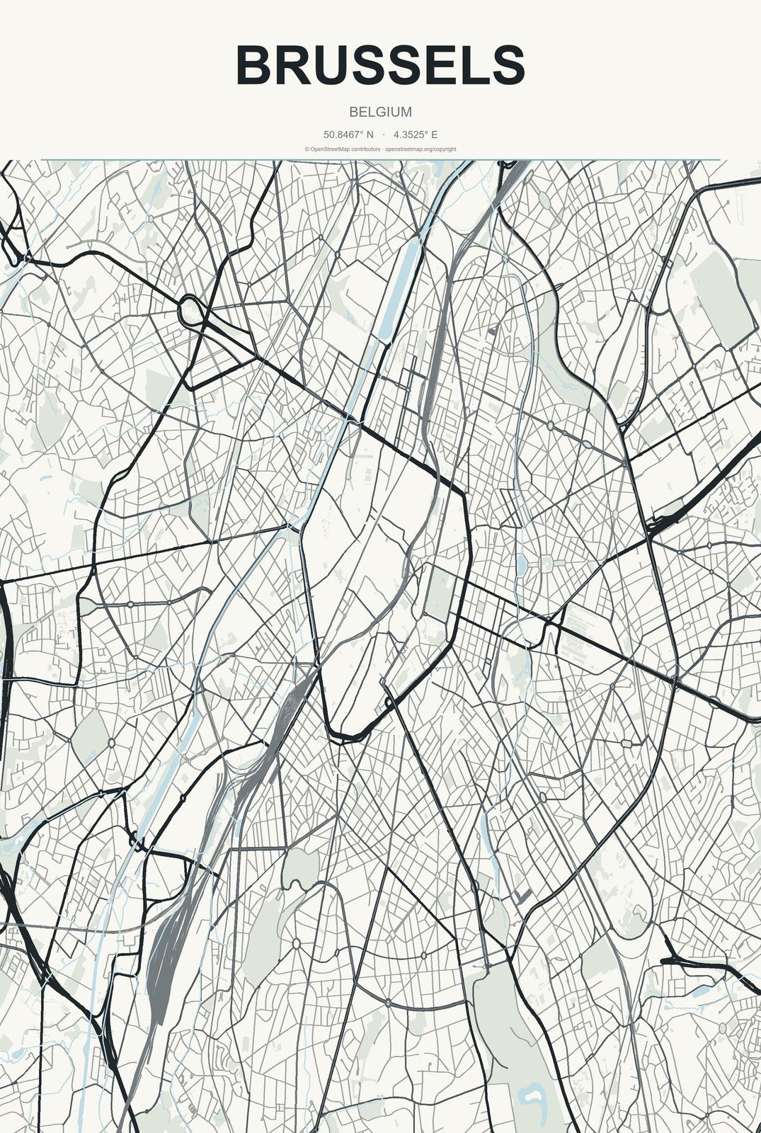 Brussels, Belgium City Map Aluminum Sign in Headline Atlas style