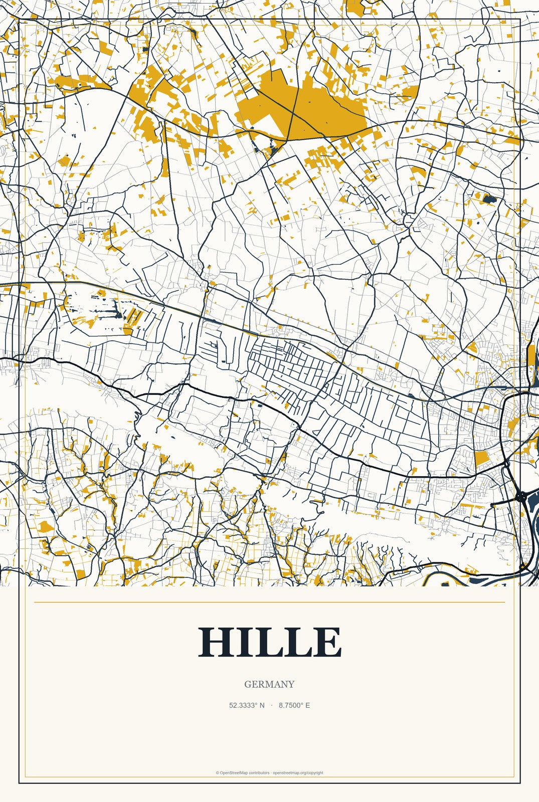 Hille, Germany City Map Aluminum Sign in Citrine Modern style