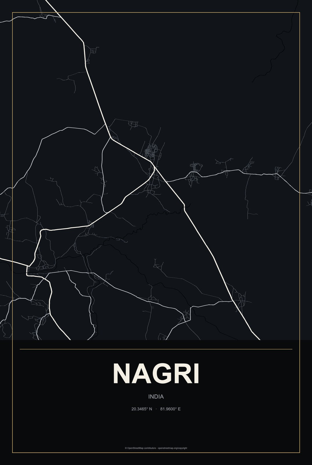 Nagri, India City Map Aluminum Sign in Metropolitan Noir style