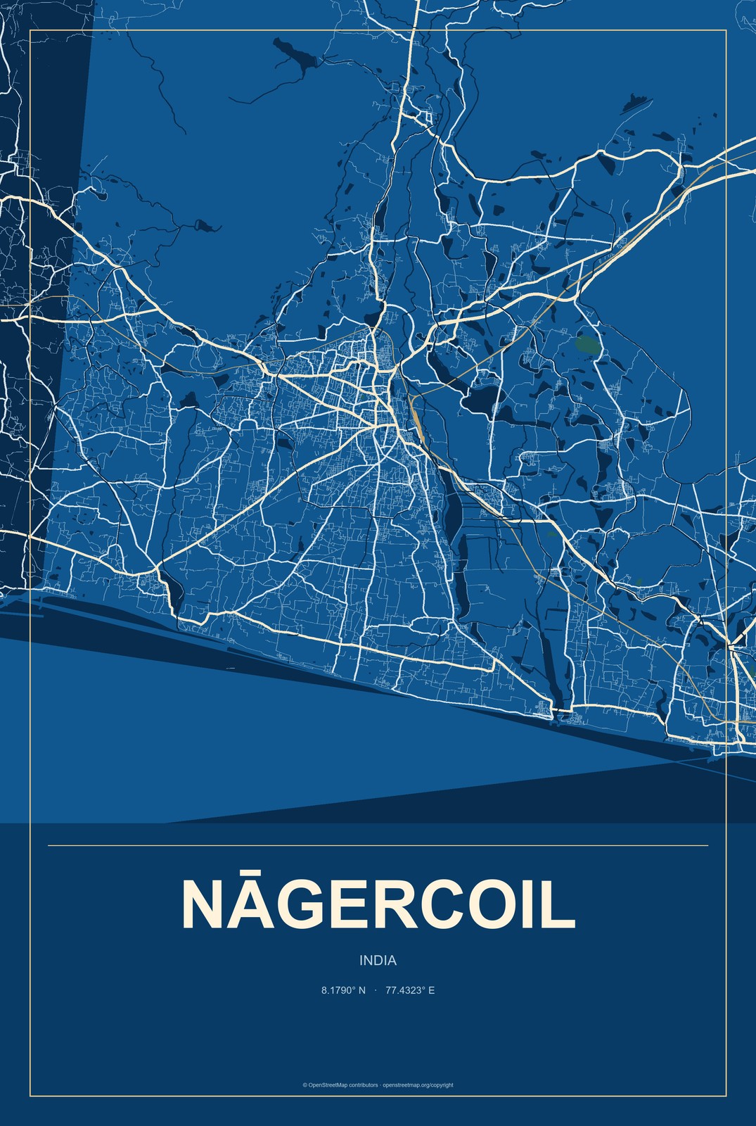 Nāgercoil, India City Map Aluminum Sign in Harbor Cobalt style