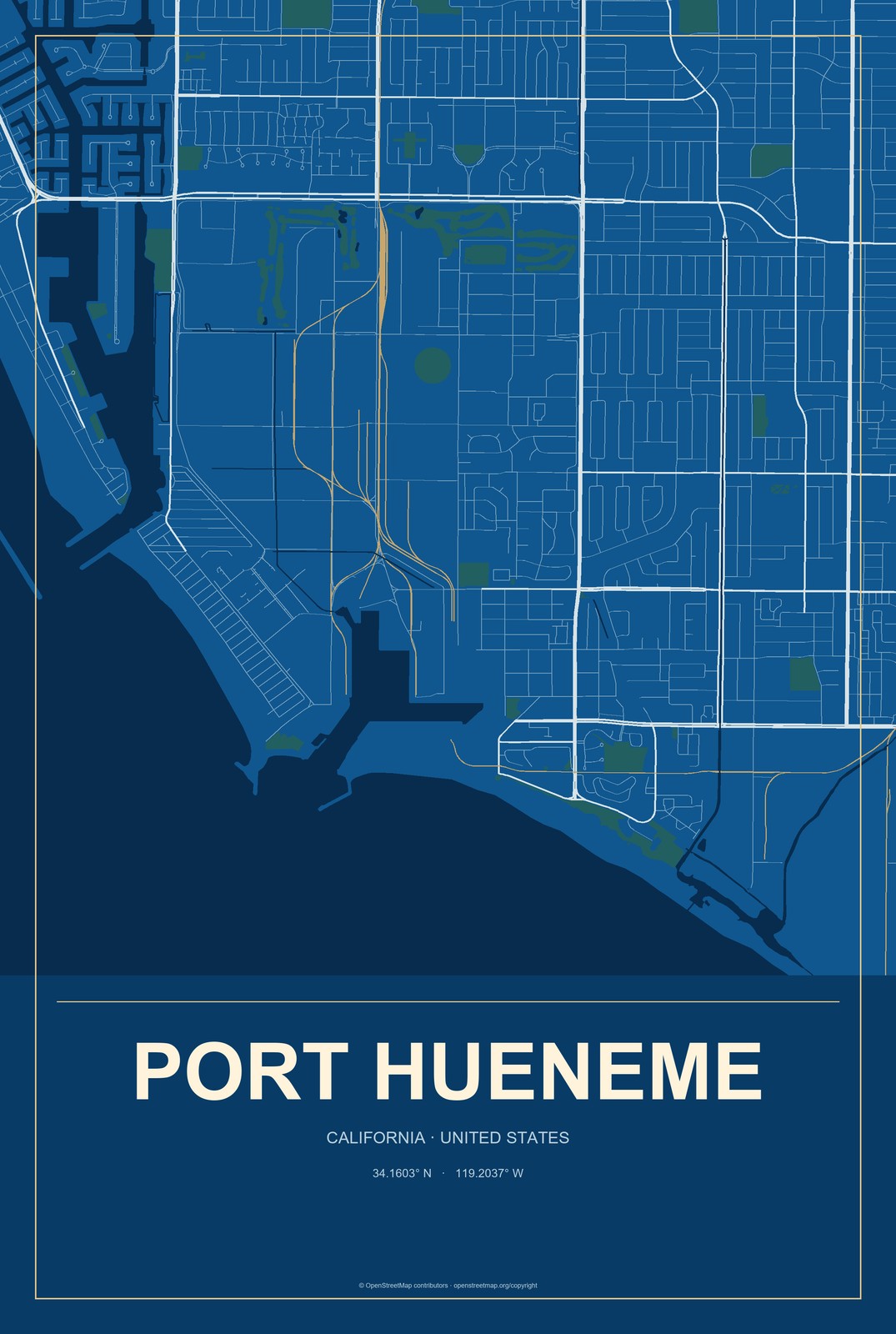 Port Hueneme, California City Map Aluminum Sign in Harbor Cobalt style