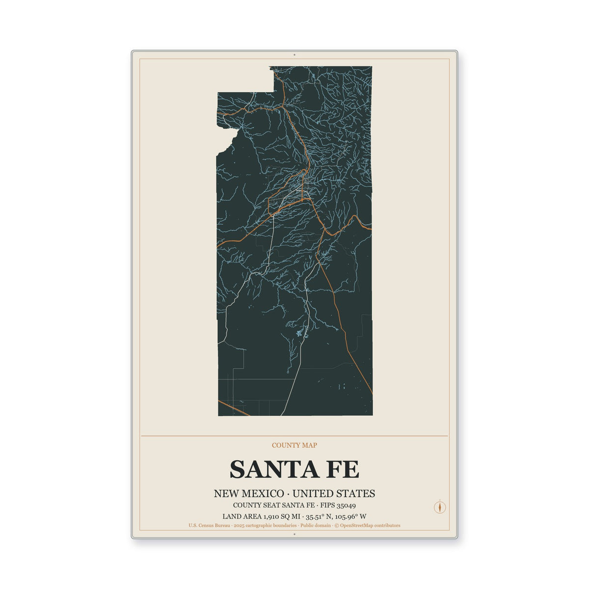 Santa Fe County, New Mexico Map Aluminum Sign in Headline Atlas style