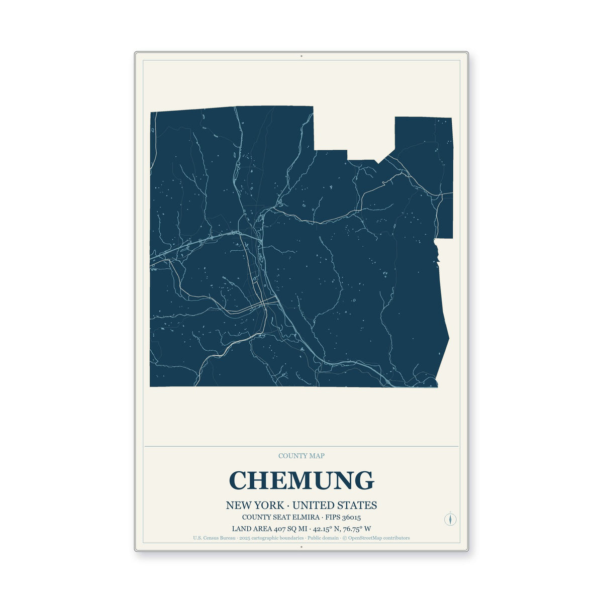 Chemung County, New York Map Aluminum Sign in Coastal Cutout style