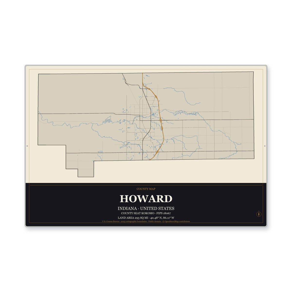 Howard County, Indiana Map Aluminum Sign in Museum Plaque style