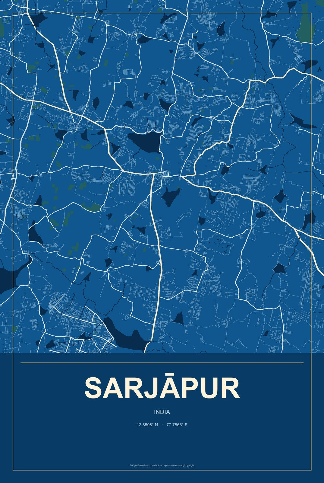 Sarjāpur, India City Map Aluminum Sign in Harbor Cobalt style