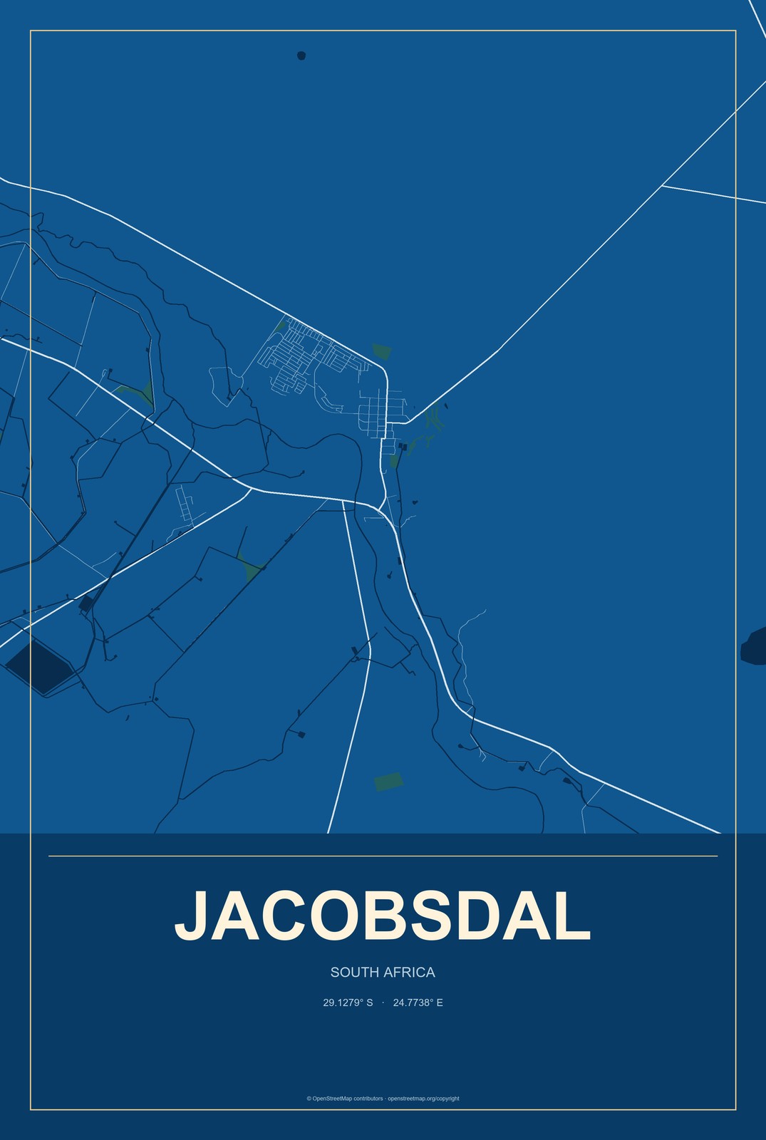 Jacobsdal, South Africa City Map Aluminum Sign in Harbor Cobalt style