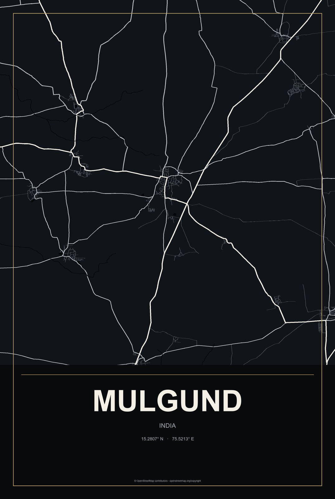 Mulgund, India City Map Aluminum Sign in Metropolitan Noir style