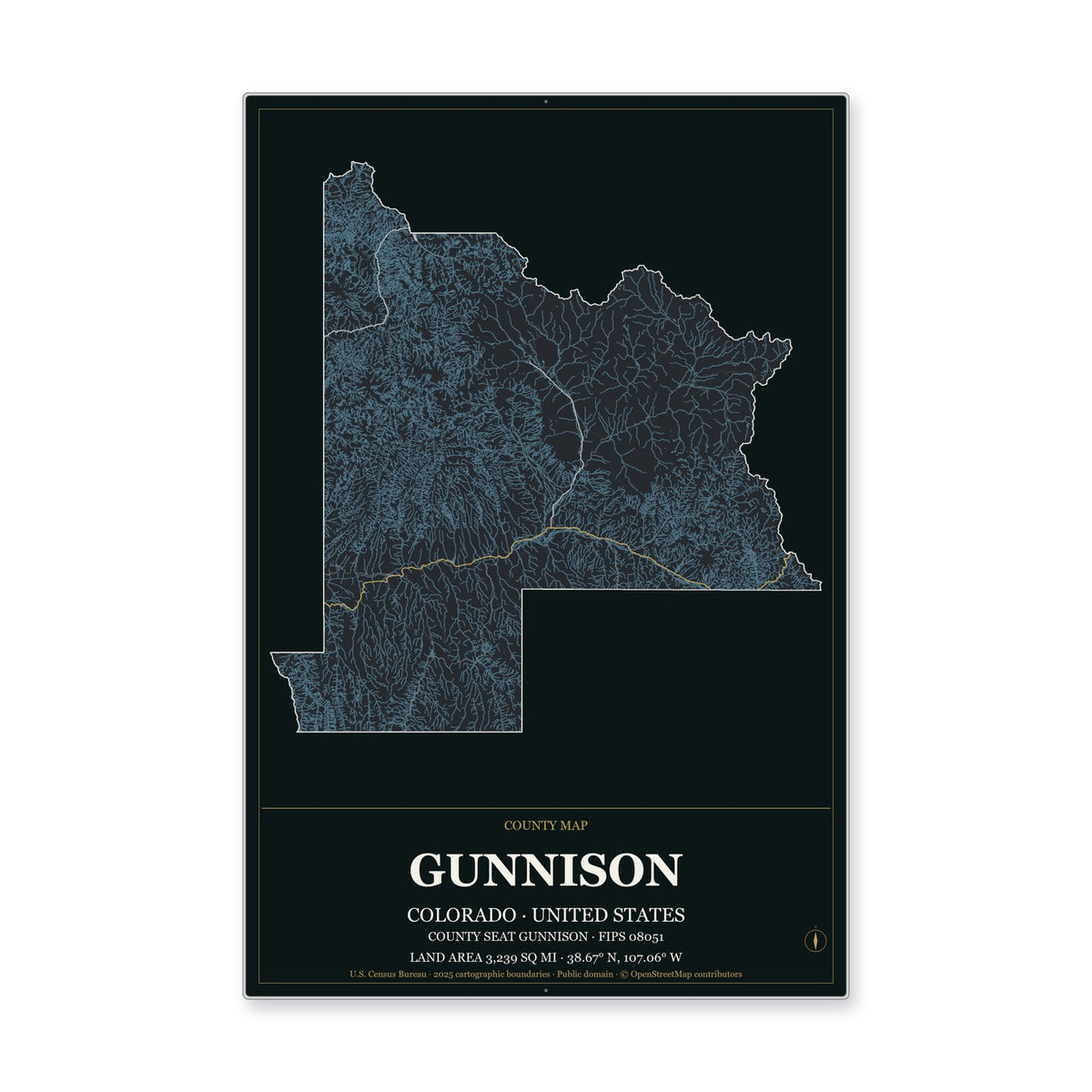 Gunnison County, Colorado Map Aluminum Sign in Metropolitan Noir style