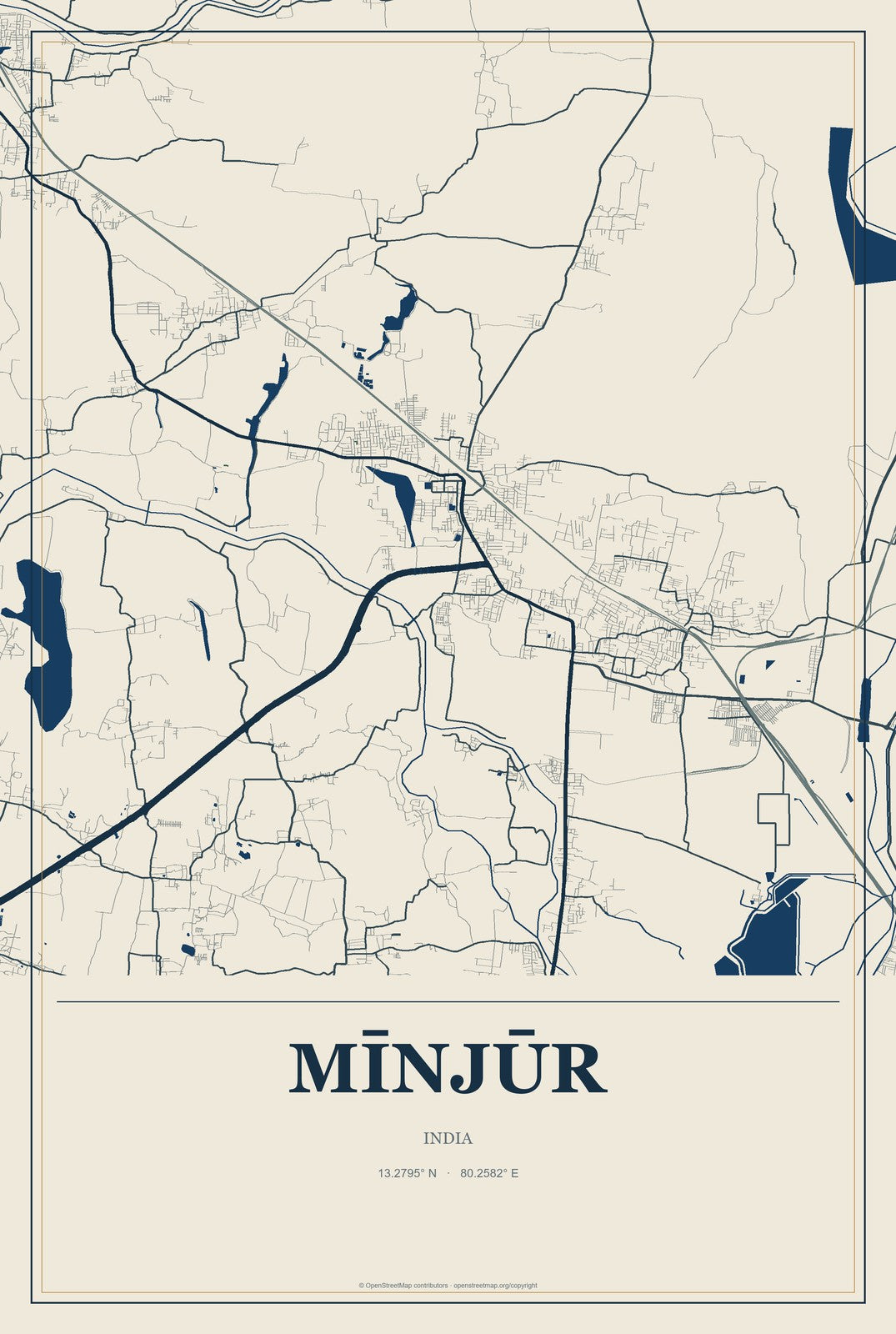 Mīnjūr, India City Map Aluminum Sign in Coastal Cutout style